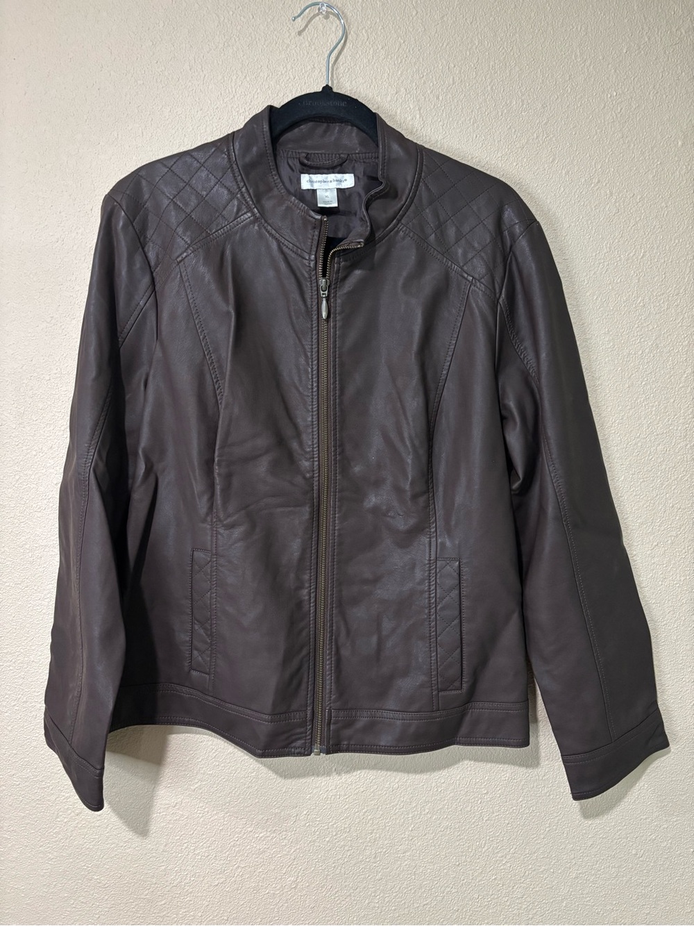 Christopher & Banks Brown Quilted-Shoulder faux Leather Bomber Jacket